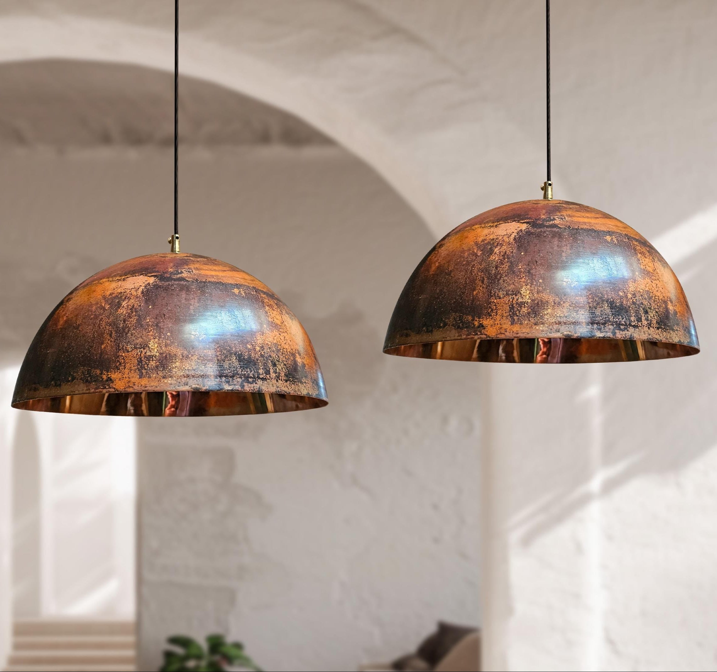 Set of 2 Rustic Copper Dome Ceiling Lights – Vintage Pendant Kitchen Fixtures