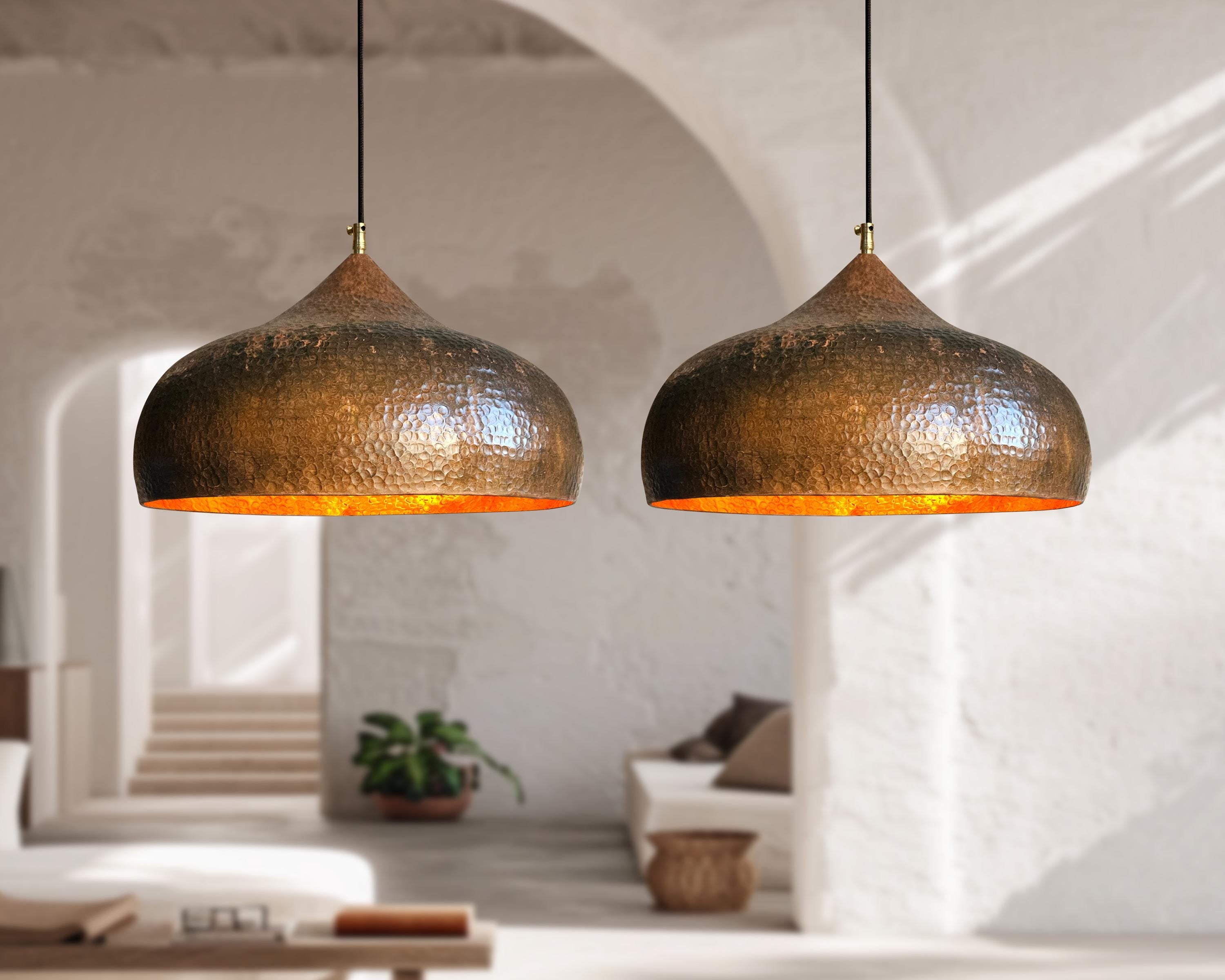 2 Rustic Copper Pendant Lights – Handmade Aged Kitchen Hanging Fixtures