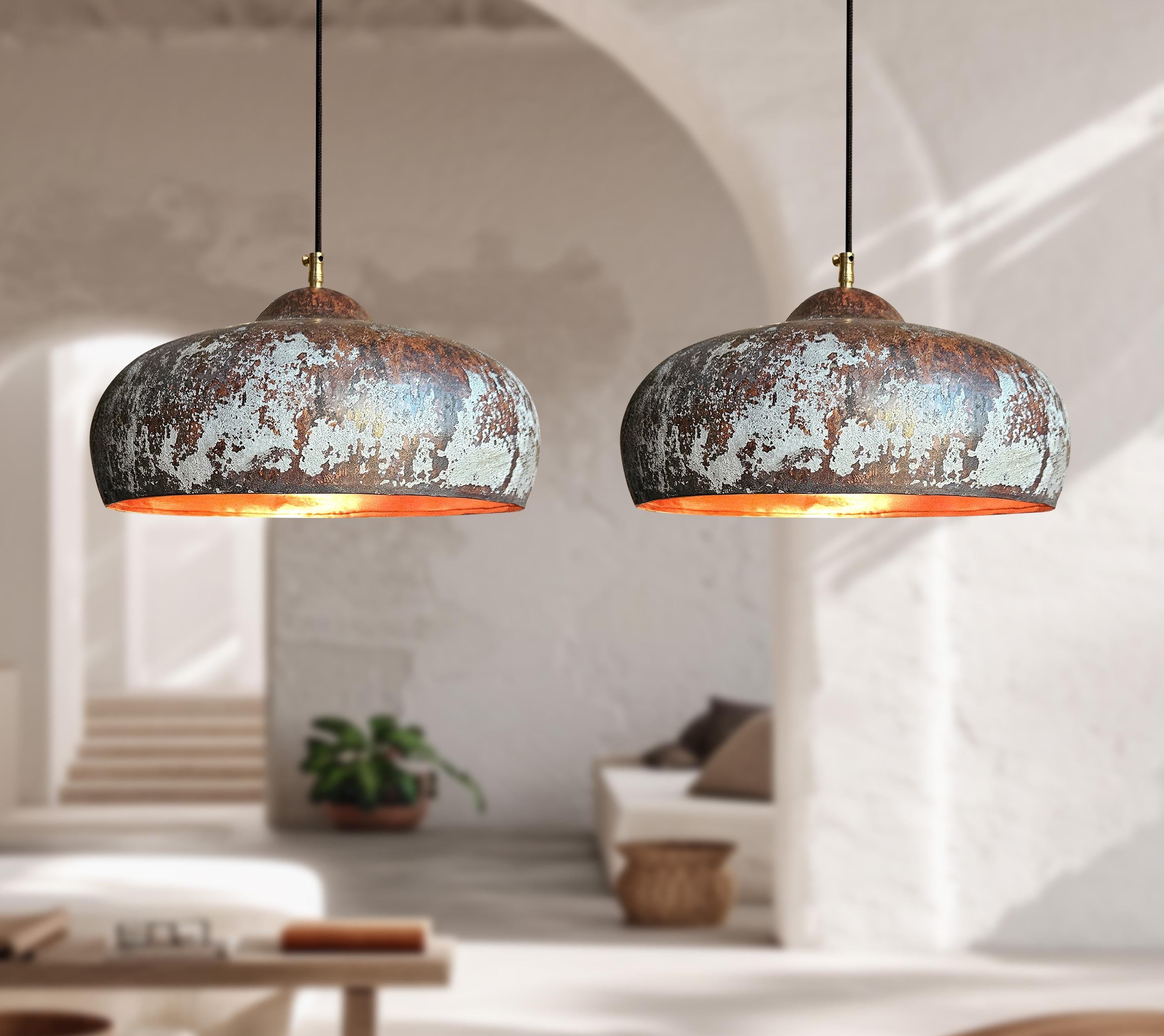 Two Rustic Copper Ceiling Lights – Vintage Pendant Kitchen Fixtures