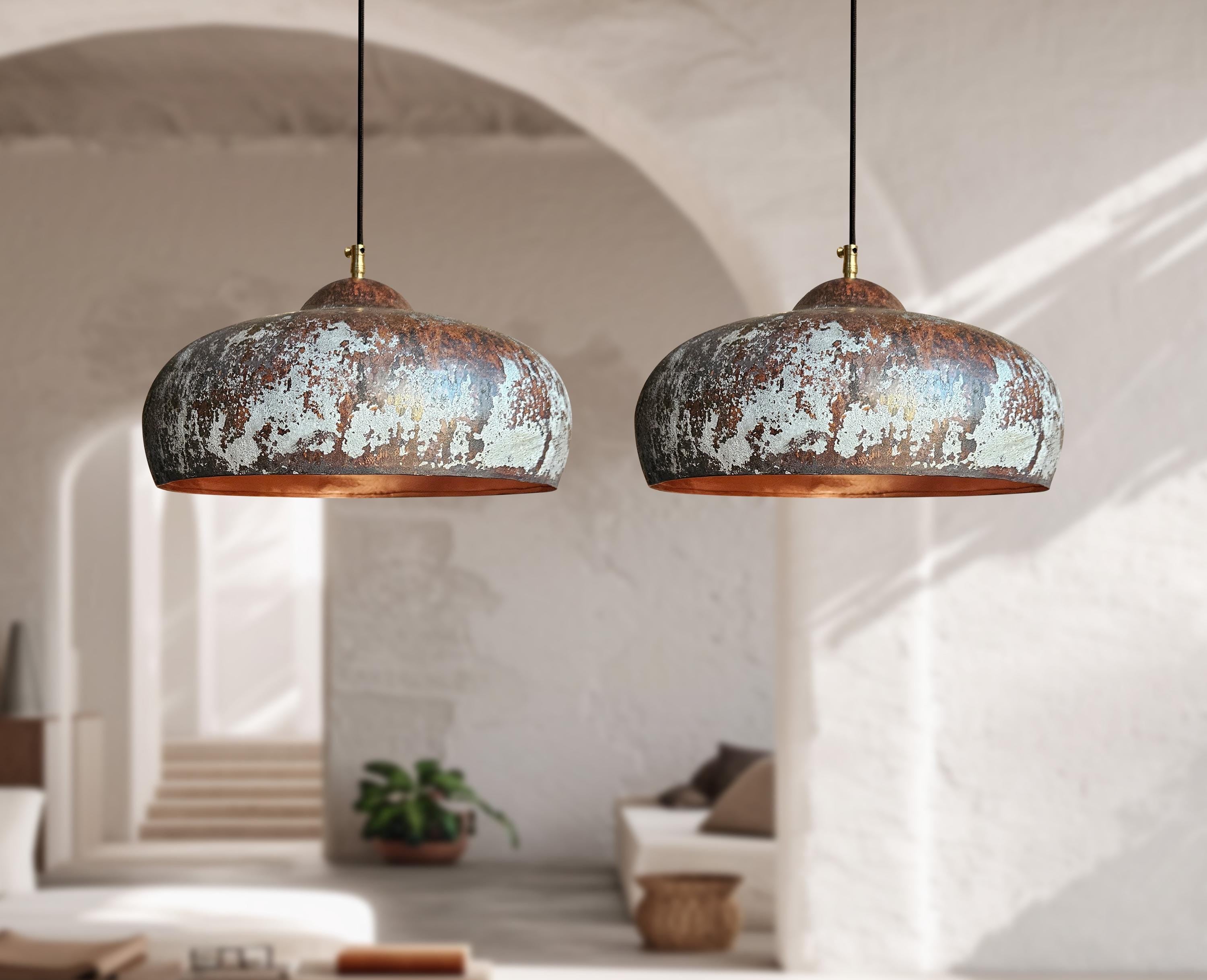 Two Rustic Copper Ceiling Lights – Vintage Pendant Kitchen Fixtures