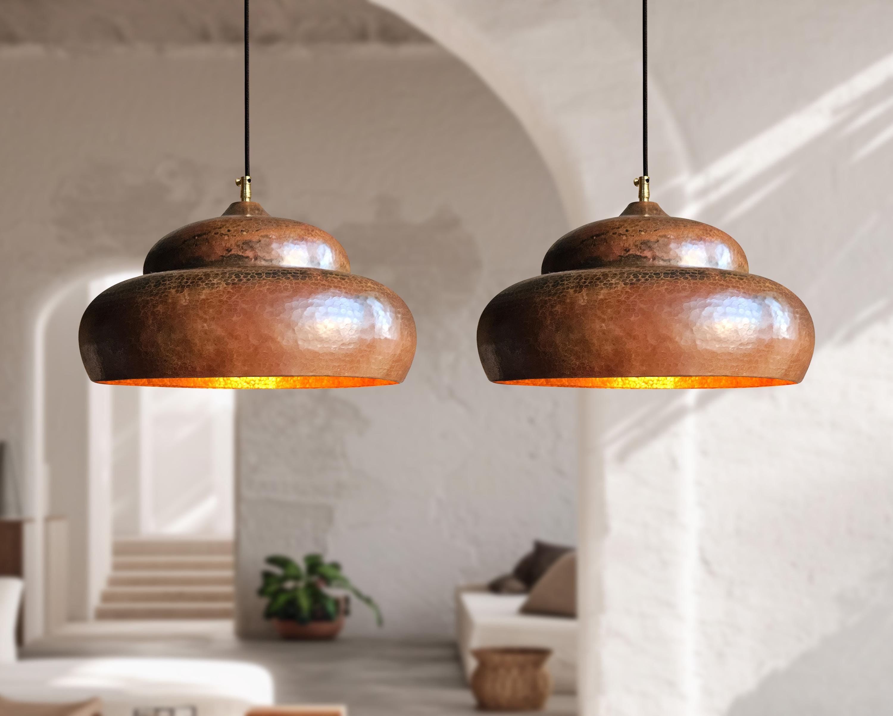 2 Rustic Copper Pendant Lights – Kitchen Island Hanging Fixtures