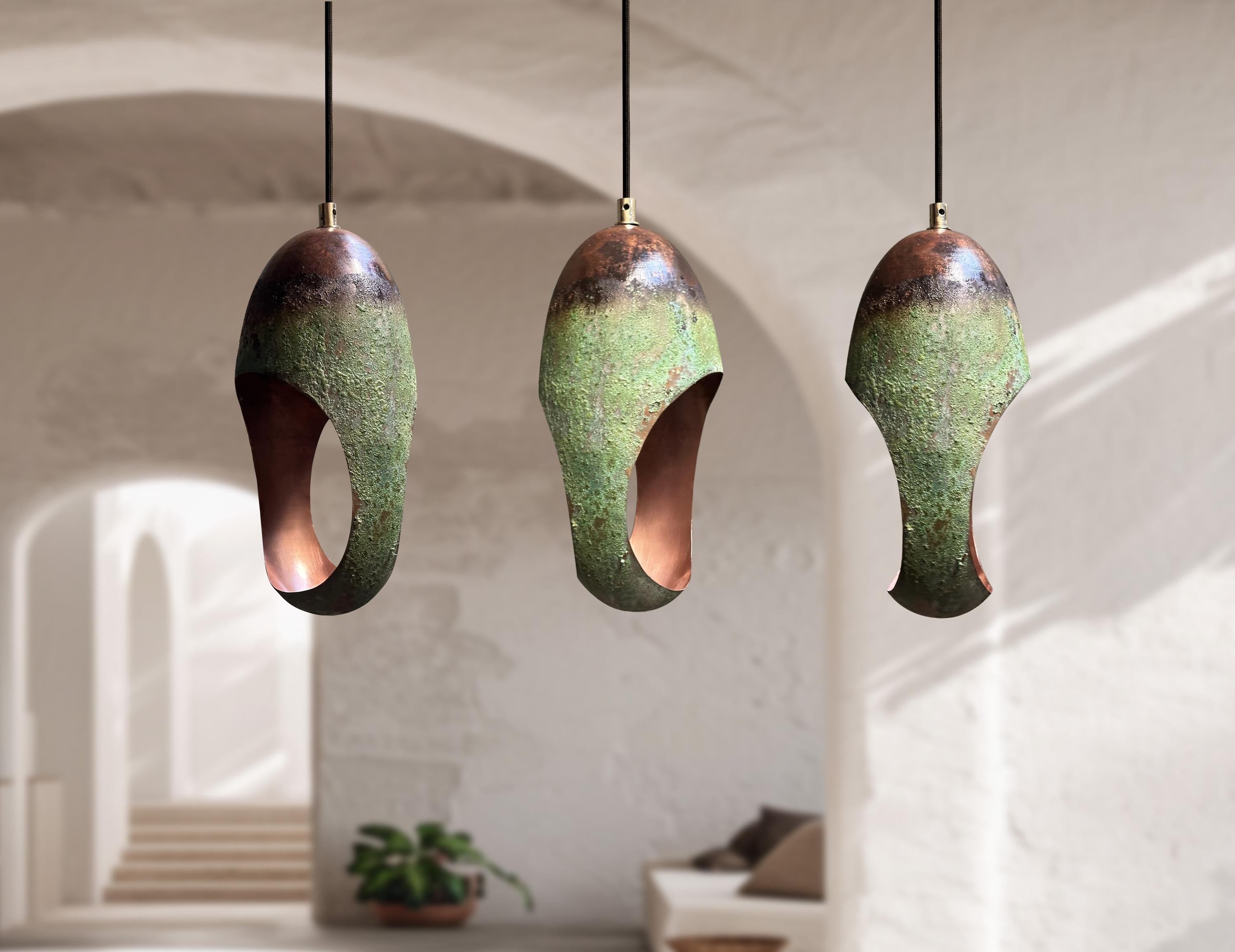 Set of 3 Handcrafted Green Patina Copper Pendant Lights – Oxidized Farmhouse Fixtures