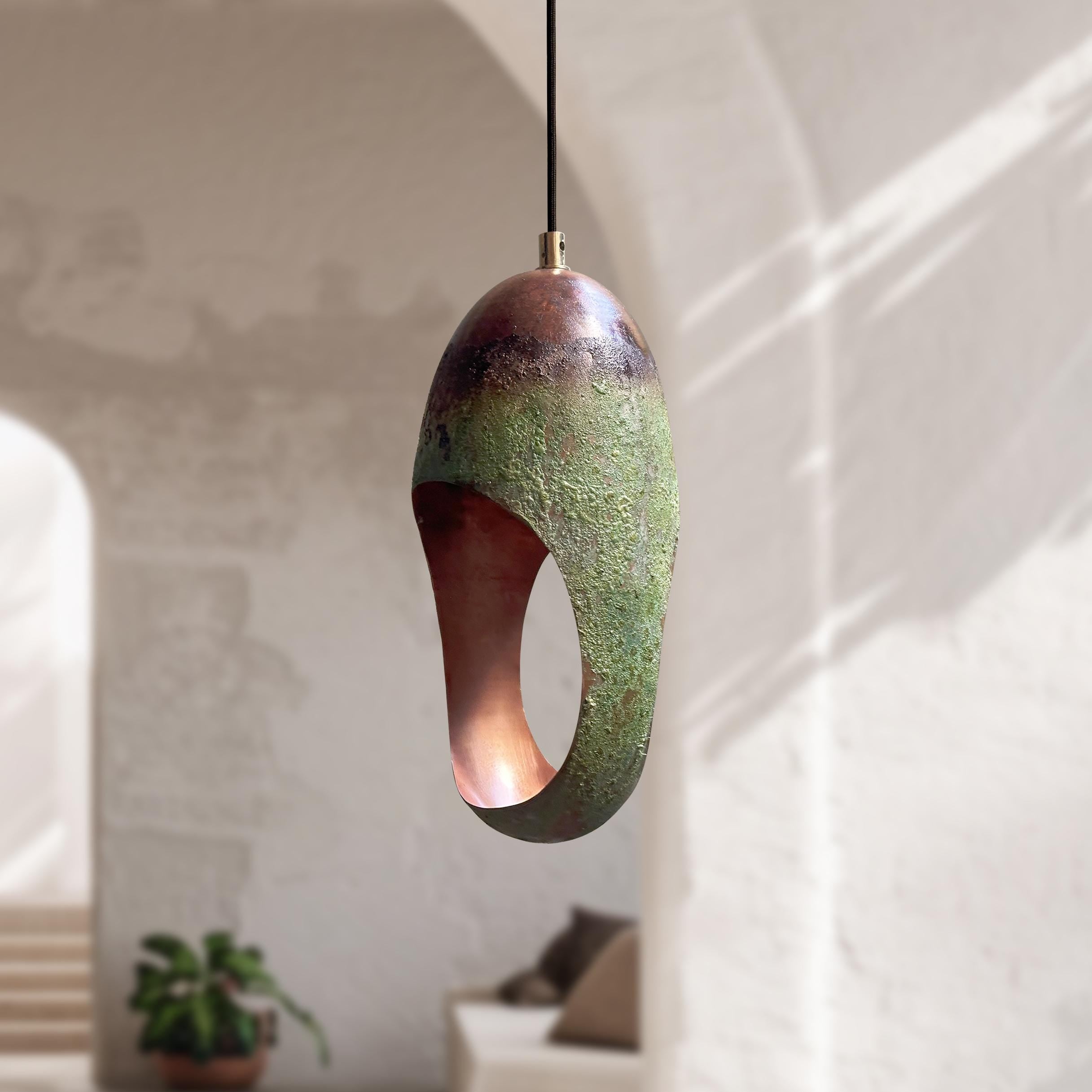 Set of 3 Handcrafted Green Patina Copper Pendant Lights – Oxidized Farmhouse Fixtures