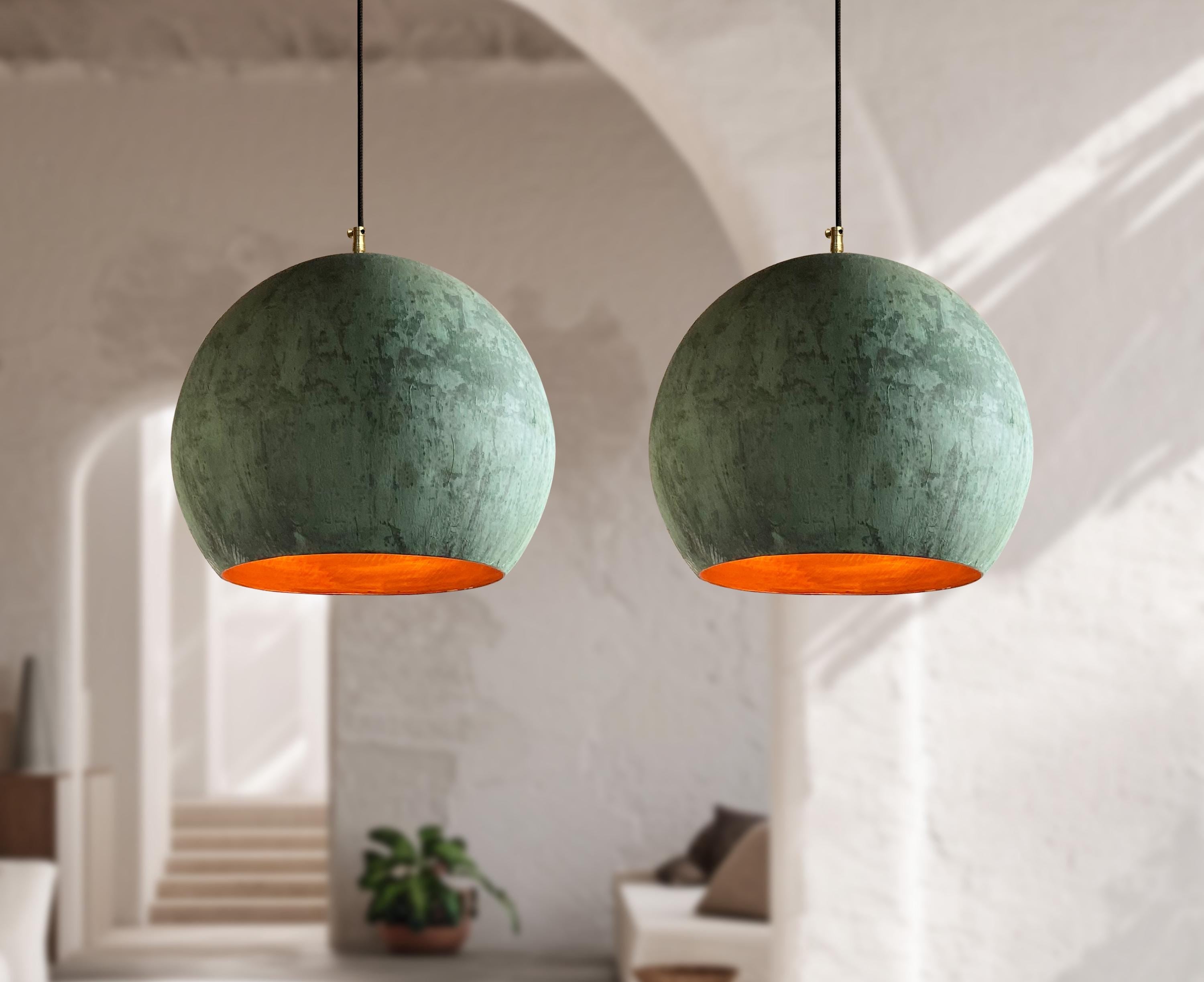 Two Green Patina Copper Pendant Lights – Oxidized Globe Farmhouse Kitchen Island Lighting