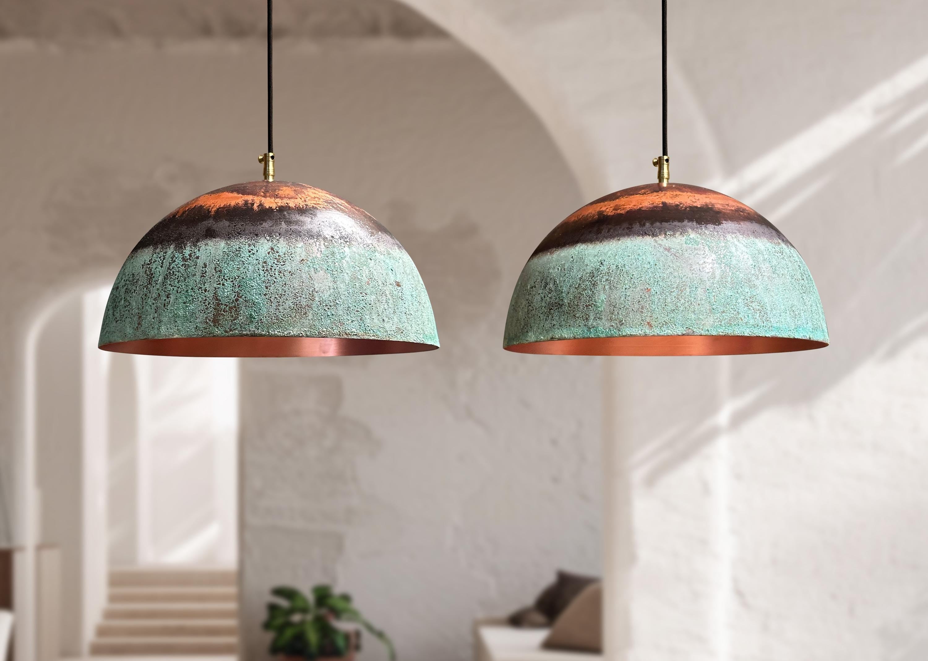 Set of 2 Green Patina Copper Pendant Lights – Oxidized Rustic Dome Fixtures