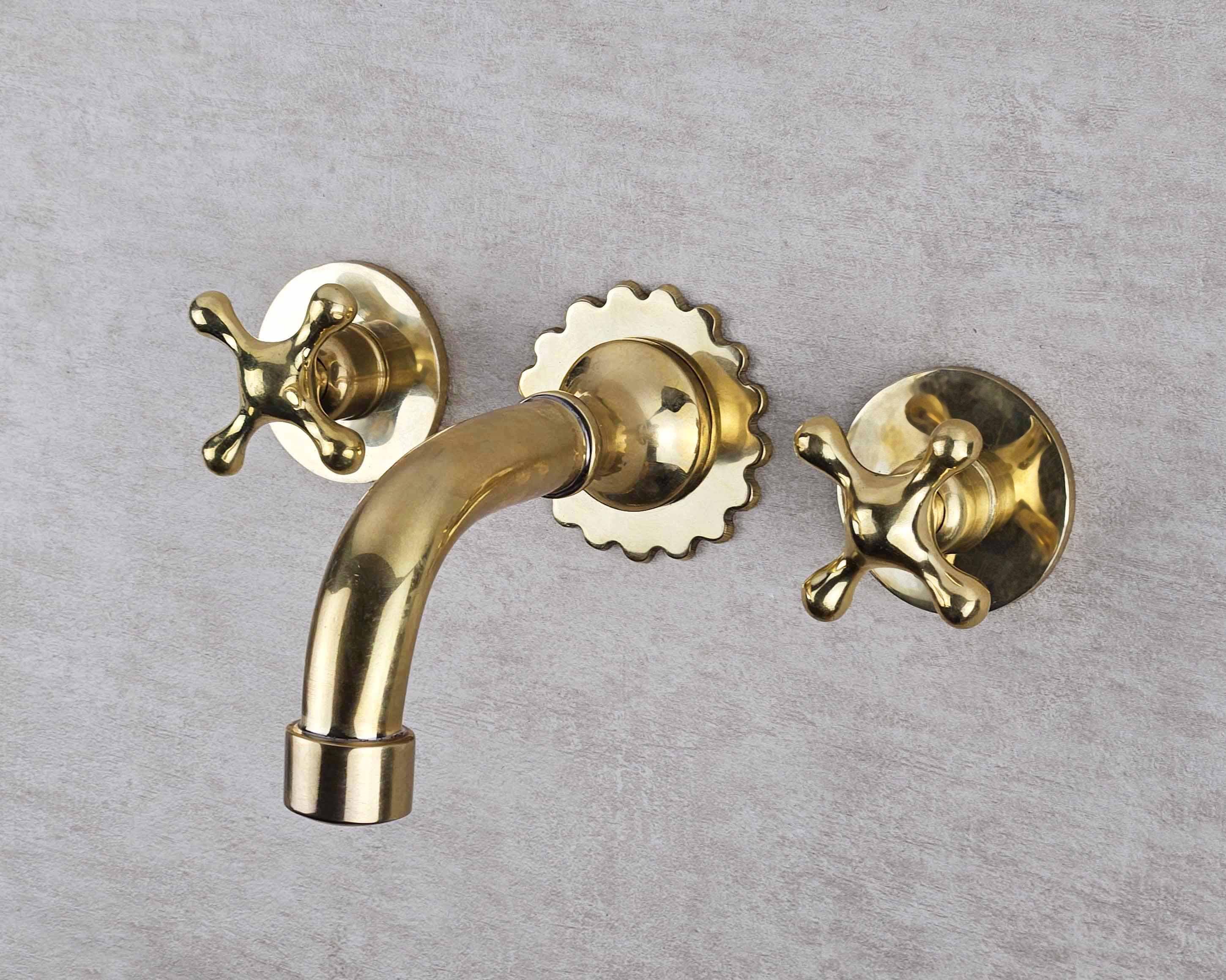 Unlacquered Wall-Mounted Brass Bath Tap – Bathroom Faucet with Handles