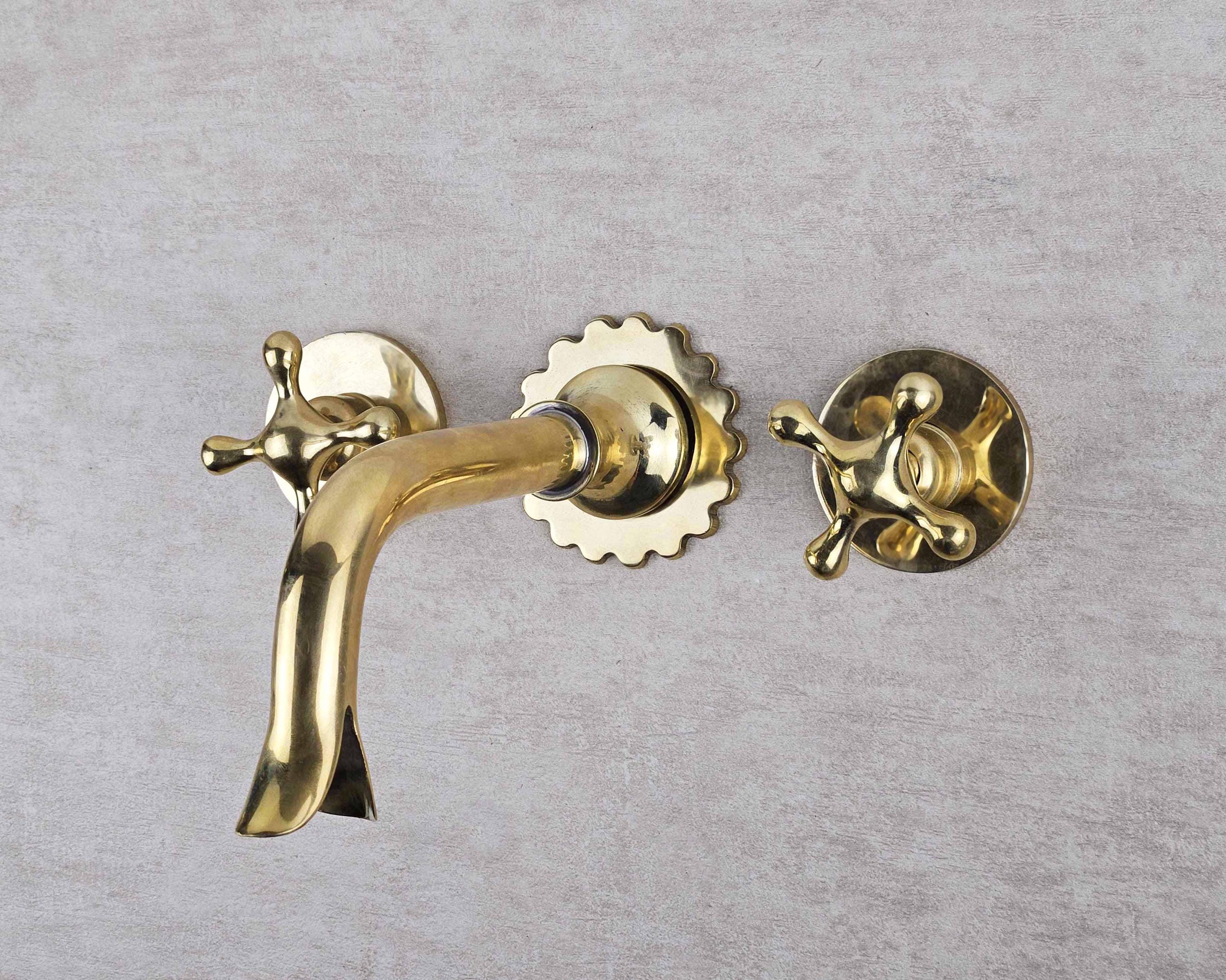 Wall-Mounted Brass Bathroom Sink Faucet with Cross Handles
