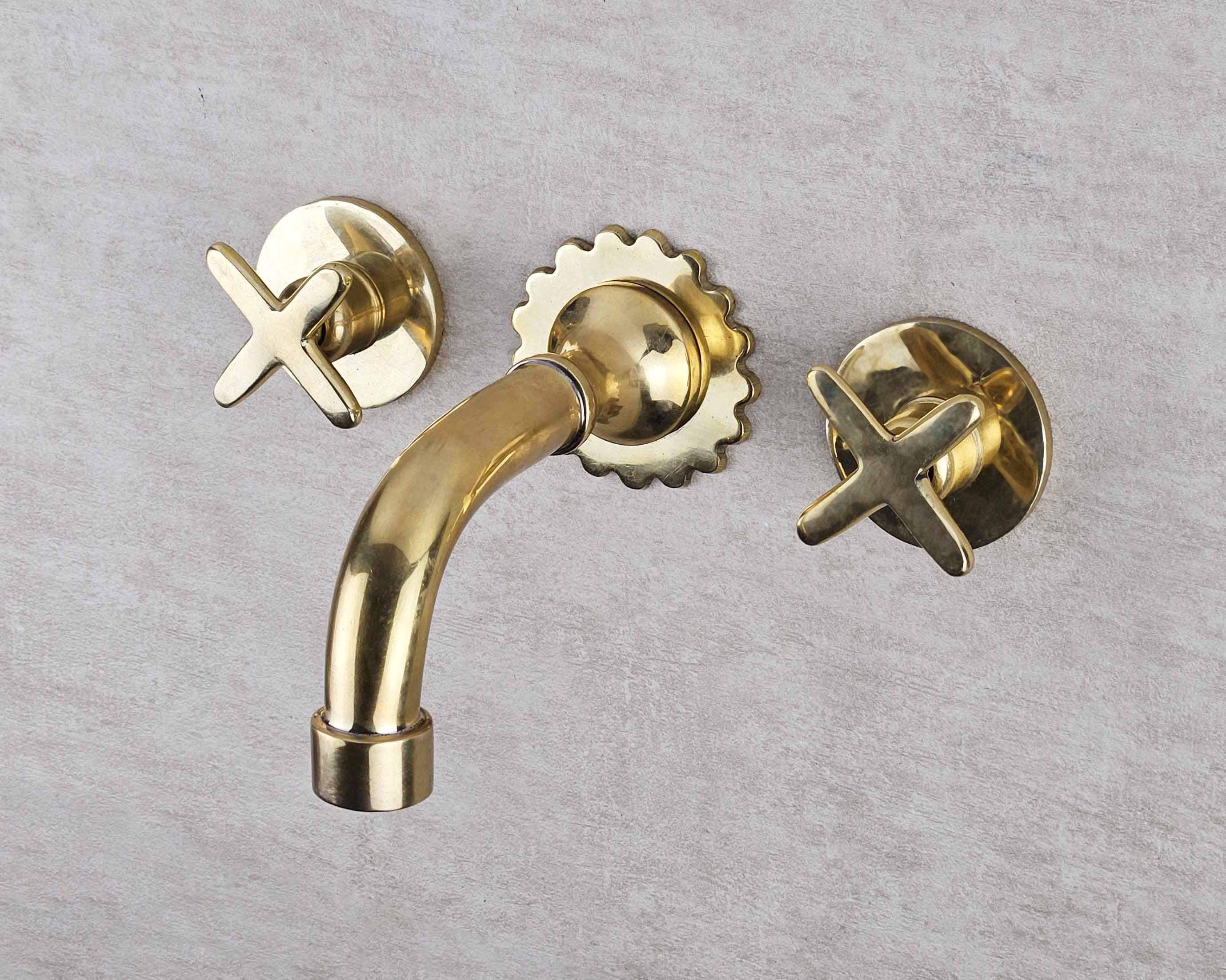 Unlacquered Wall-Mounted Brass Bathroom Taps – Double Handle Sink Faucet
