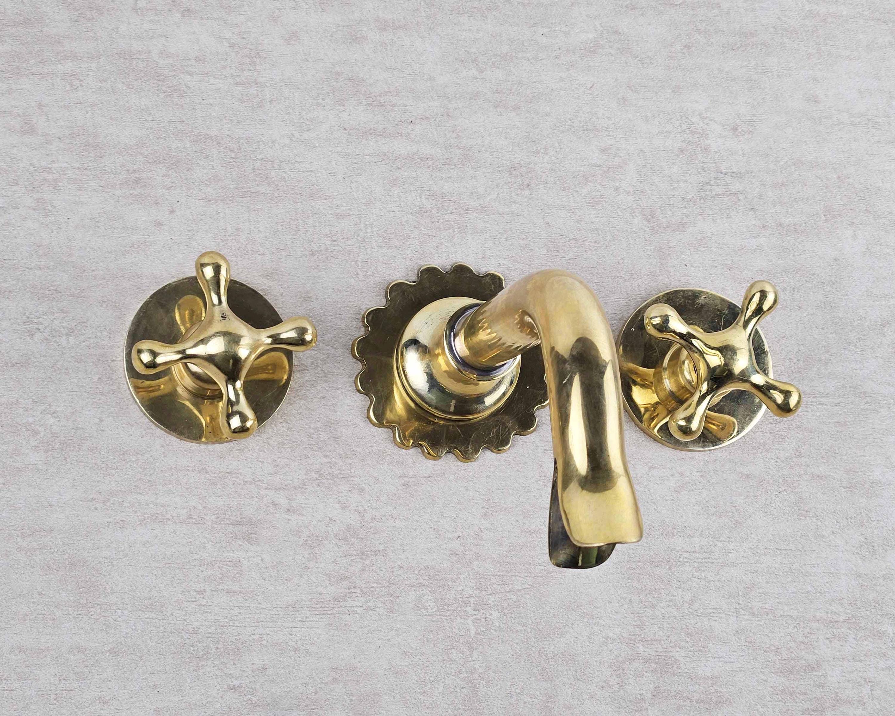 Wall-Mounted Brass Bathroom Sink Faucet with Cross Handles