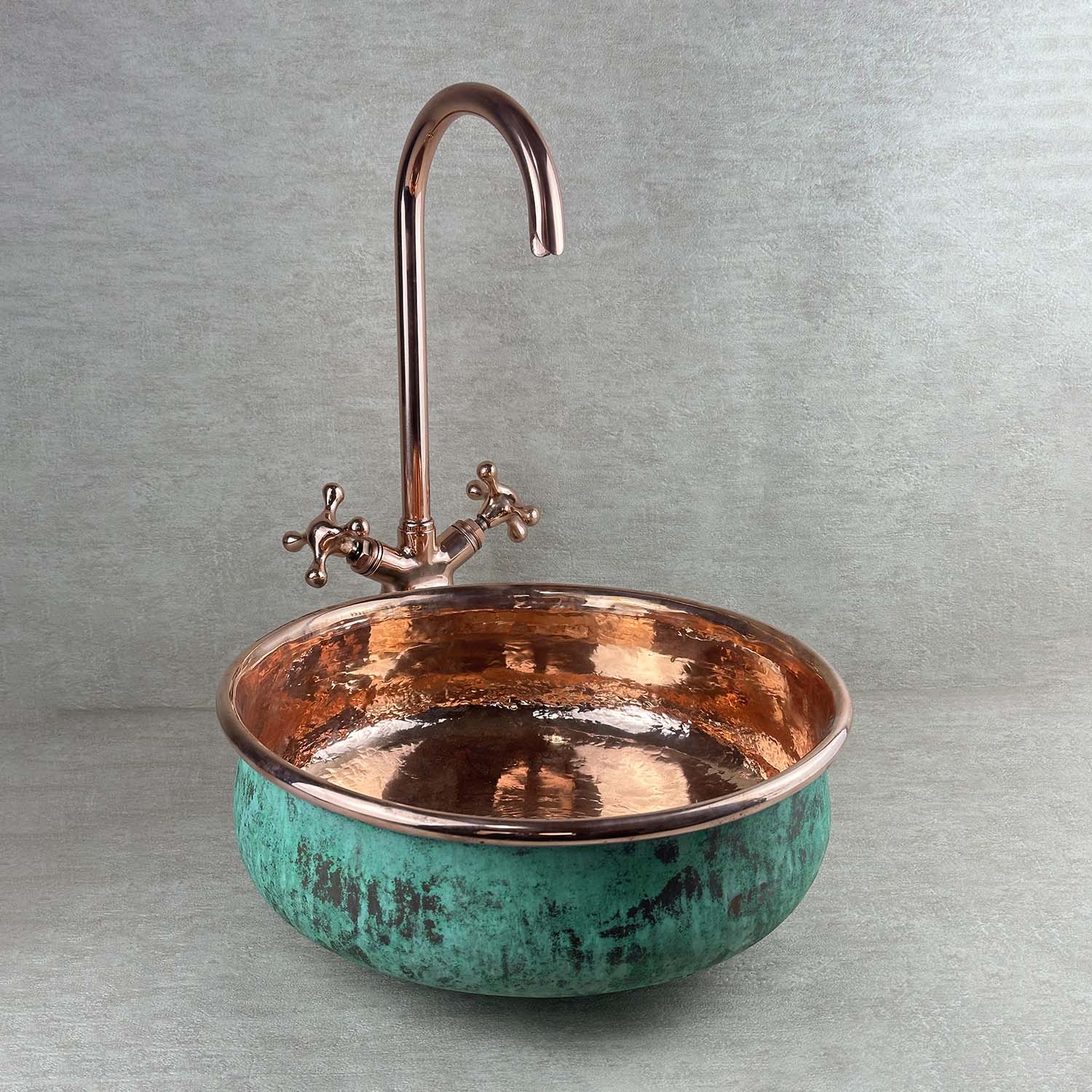Oxidized Round Copper Vessel Sink with Faucet – Handmade Bathroom Basin