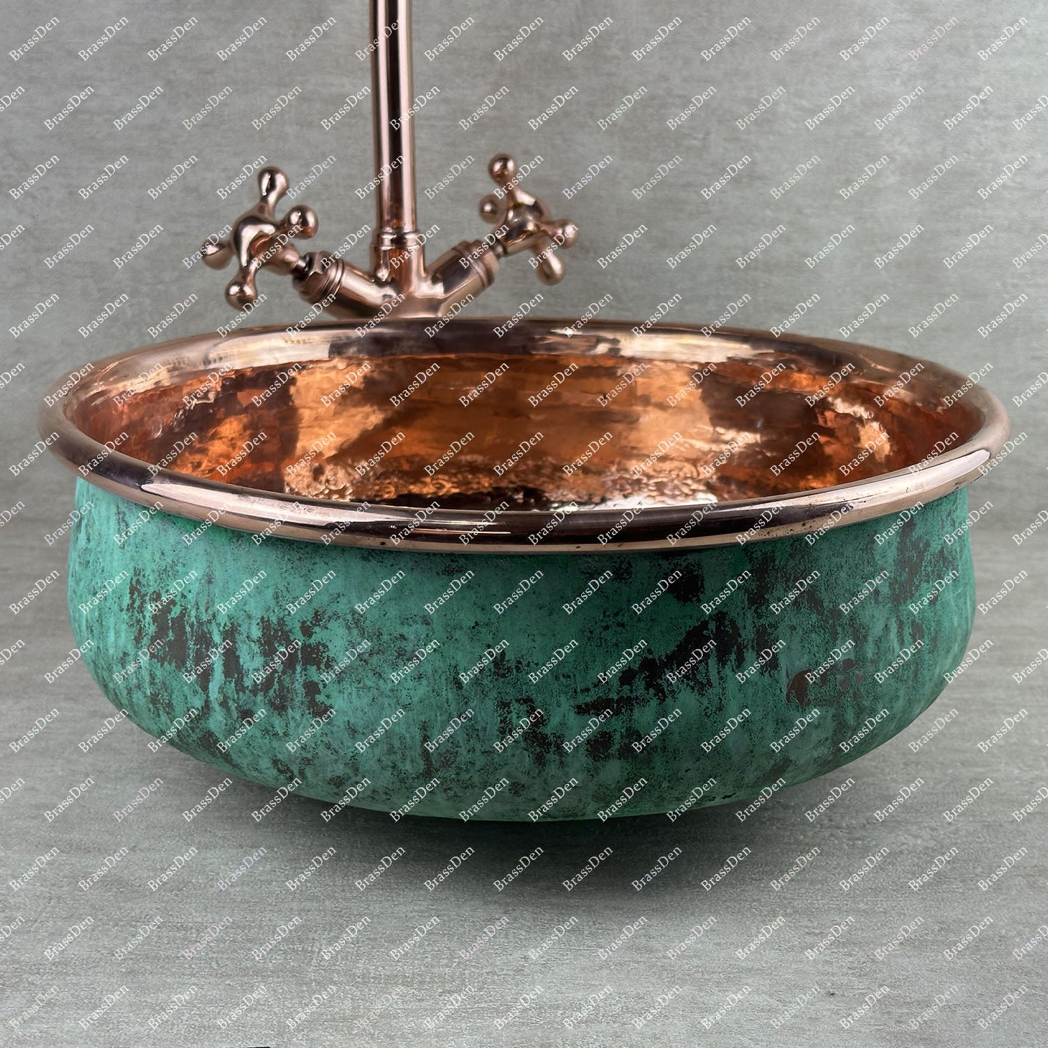 Oxidized Round Copper Vessel Sink with Faucet – Handmade Bathroom Basin