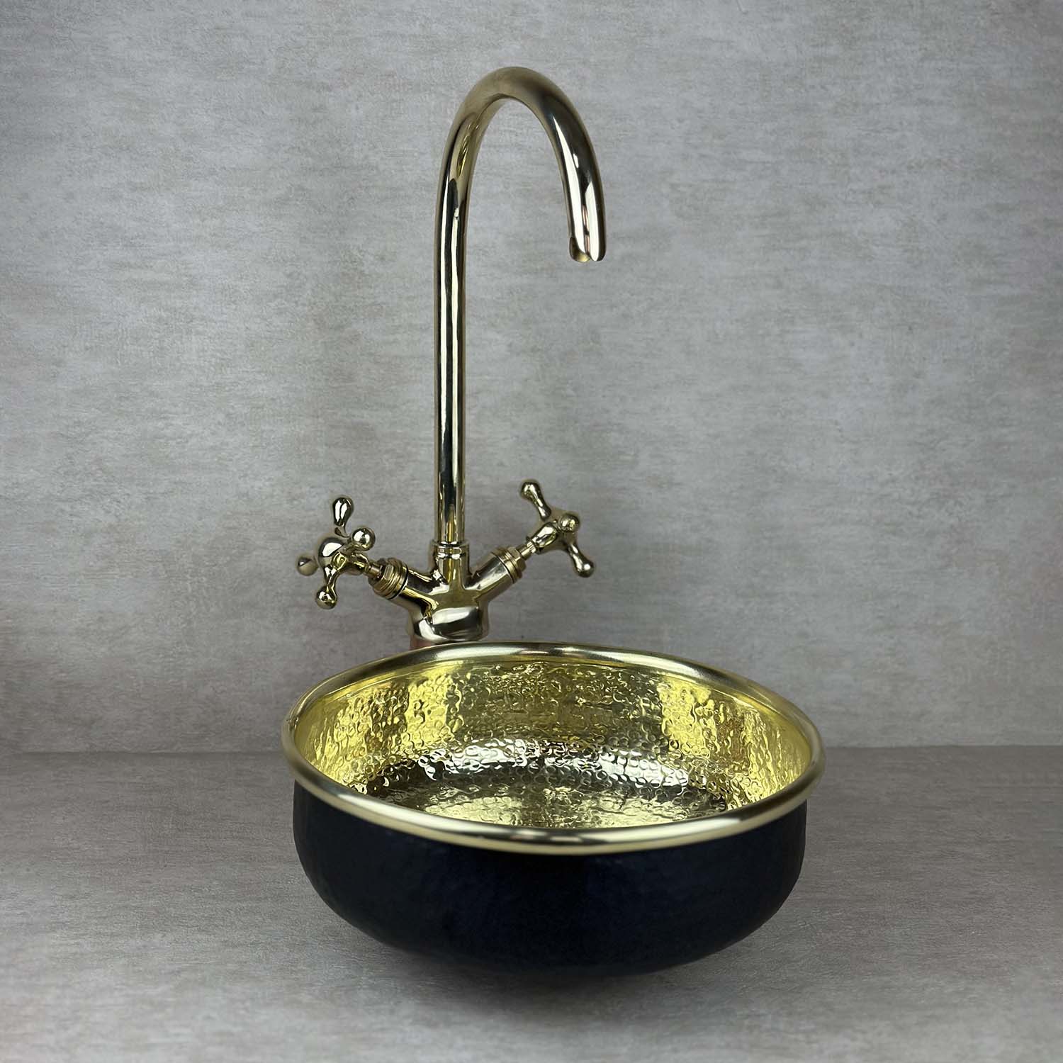 Round Brass Bathroom Sink – Black Vessel Vanity with Brass Faucet