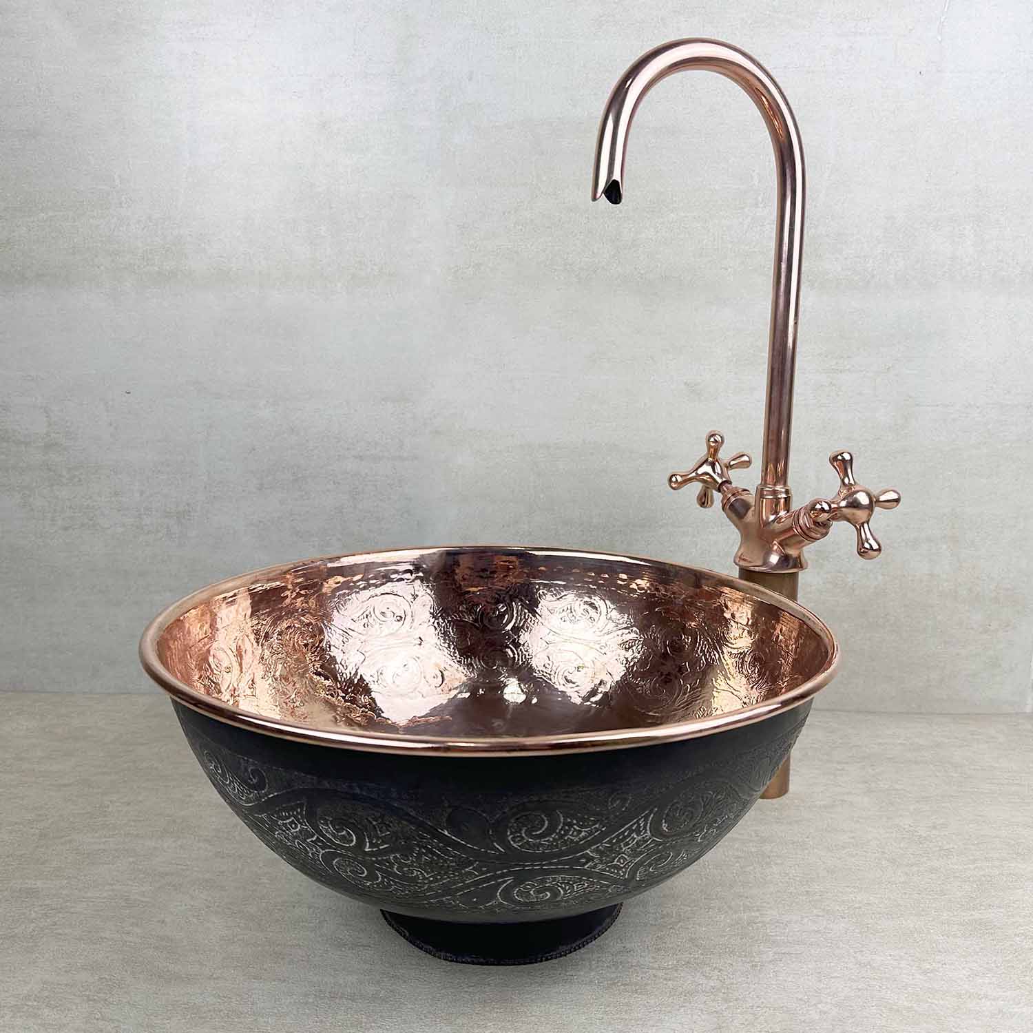 Hand Engraved Copper Bowl Sink – Handmade Round Copper Bath Vessel