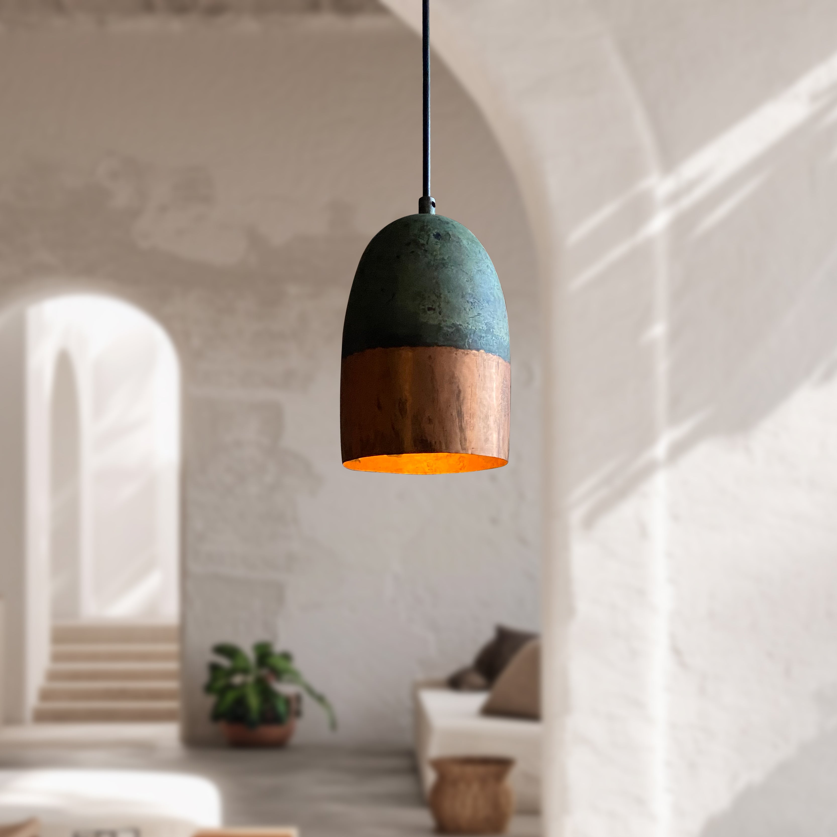 Set of 3 Oxidized Copper Pendant Lights – Green Patina Handmade Ceiling Fixtures